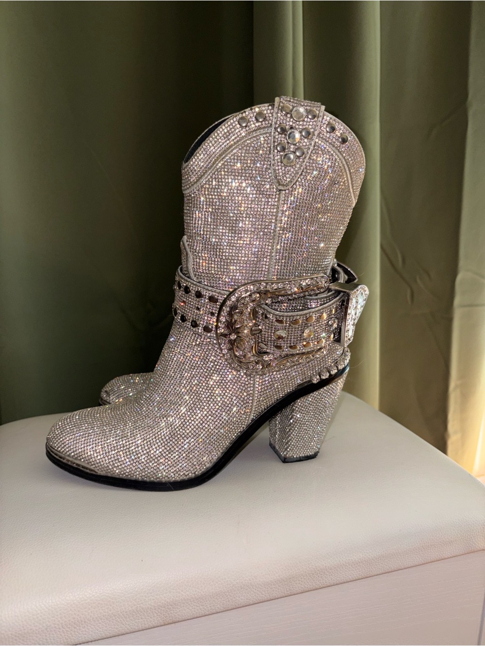 Dolls Kill Crystal Rhinestone Western Ankle Boots - Silver